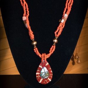 Cone shell, abalone pendant & coral necklace